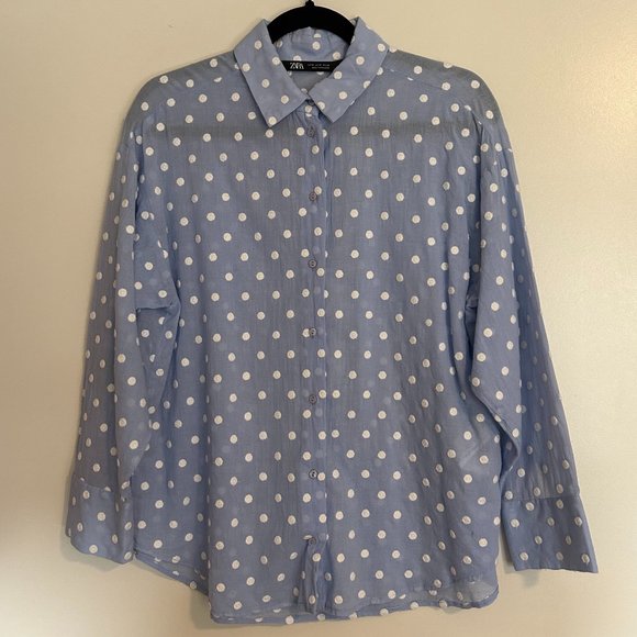 ZARA Light Blue EMBROIDERED POLKA DOT SHIRT Long Sleeve Sz M - Picture 4 of 7